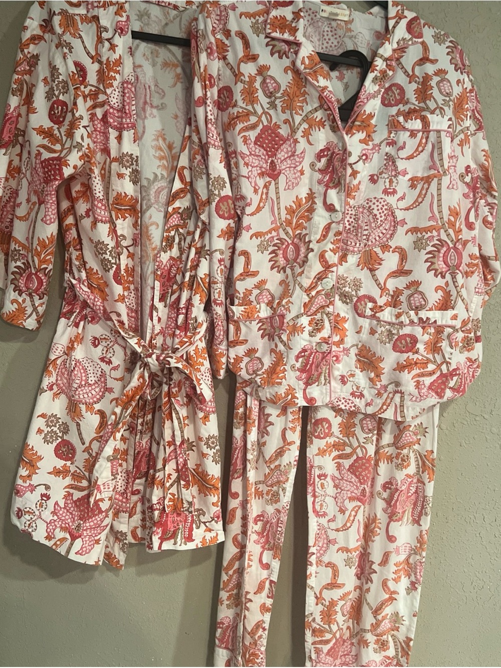 Roller Rabbit Amanda Robe ,Pajama Set Anthropologie 3 Pc Floral Sz L 100 Cotton